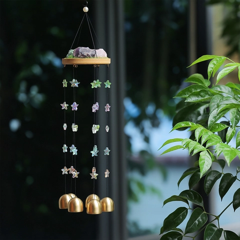 Natürlicher Kristallstein Windspiel Mit Holzbasis Bronze Metall Glocken Stern Perlen Zen Garten Haus Hängende Dekoration Geschenk