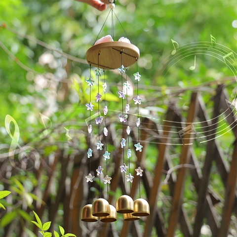 Natürlicher Kristallstein Windspiel Mit Holzbasis Bronze Metall Glocken Stern Perlen Zen Garten Haus Hängende Dekoration Geschenk