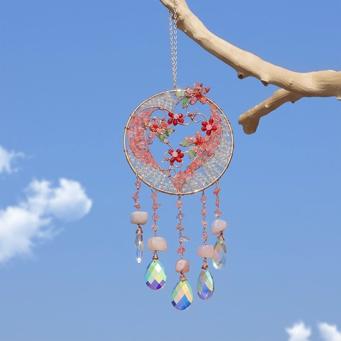 Atrapasueños Árbol De Vida Hecho A Mano Cristal Rosa Piedra Triturada Corazón Decoración Colgante Boho Pared Hogar