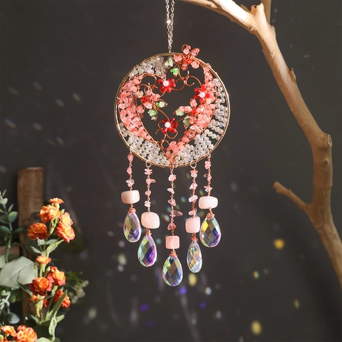 Atrapasueños Árbol De Vida Hecho A Mano Cristal Rosa Piedra Triturada Corazón Decoración Colgante Boho Pared Hogar