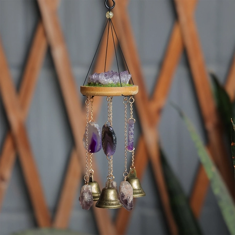 Natürliche Amethyst Kristall Achat Scheibe Windspiel Mit Holzsockel Messingglocken Bohemian Naturheilung Hängedeko Für Haus Garten Auto