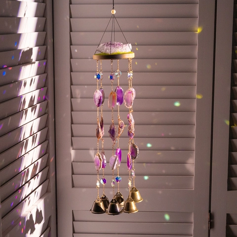 Carillon Éolien Bohème Fait Main Améthyste Géode Tranches Agate Cloches Métal Cristal Guérison Ornement Suspendu Maison Cadeau