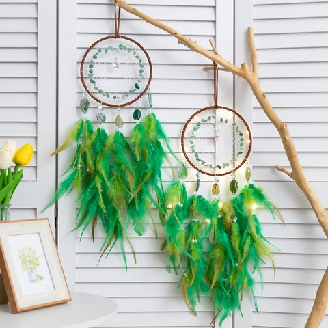 Acchiappasogni Bohemien Fatto a Mano con Piume Luci LED Pietre Naturali Fette di Agata Decorazione Sospesa Parete Casa Camera