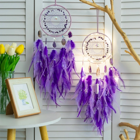 Acchiappasogni Bohemien Fatto a Mano con Piume Luci LED Pietre Naturali Fette di Agata Decorazione Sospesa Parete Casa Camera