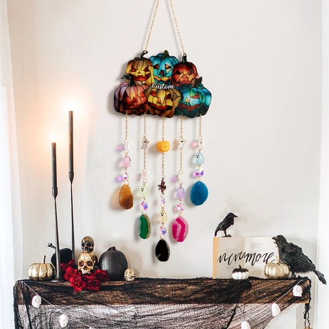 Décoration Suspendue Citrouille Halloween Avec Tranches d'Agate Perles de Cristal Suncatcher Acrylique pour Décor Mural