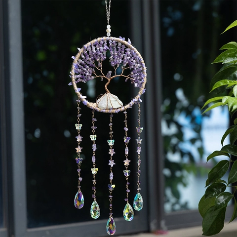 Tree Of Life Crystal Suncatcher Handmade Crushed Stone Dreamcatcher Hanging Ornament For Window Home Decor Rainbow Maker