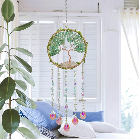 Tree Of Life Crystal Suncatcher Handmade Crushed Stone Dreamcatcher Hanging Ornament For Window Home Decor Rainbow Maker