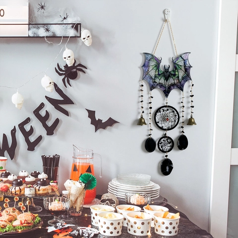 Halloween Vleermuis Dromenvanger Windgong Hangende Decoratie Gothische Acryl Agaat Steen Ornament Met Bel Voor Huisfeest Decor