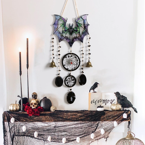 Halloween Vleermuis Dromenvanger Windgong Hangende Decoratie Gothische Acryl Agaat Steen Ornament Met Bel Voor Huisfeest Decor