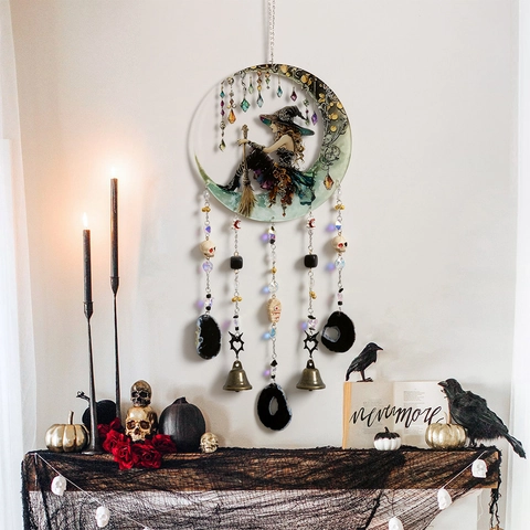 Halloween Witch Crescent Moon Wind Chime Hanging Ornament With Crystal Agate Metal Bells Gothic Fantasy Home Decor