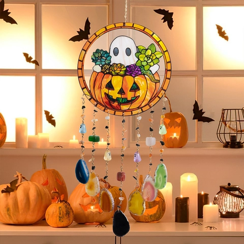 Attrape-Soleil D'Halloween Ornement Suspendu Avec Tranches D'Agate Naturelle Design Citrouille Fantôme Déco Murale
