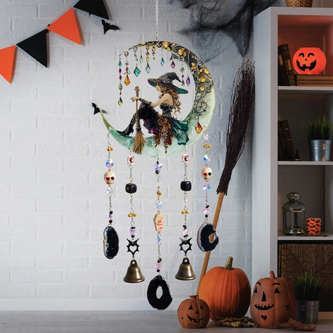 Halloween Witch Crescent Moon Wind Chime Hanging Ornament With Crystal Agate Metal Bells Gothic Fantasy Home Decor