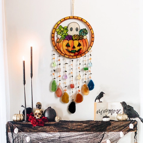 Attrape-Soleil D'Halloween Ornement Suspendu Avec Tranches D'Agate Naturelle Design Citrouille Fantôme Déco Murale