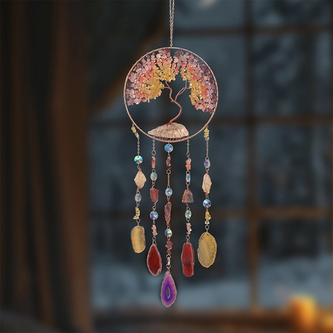 Árbol De La Vida Cristal Decoración Colgante Piedra Natural Ágata Carillón Hecho Mano Bohemio Hogar Jardín Pared