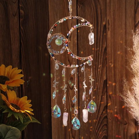 Moon Crystal Suncatcher Wind Chime With Colorful Natural Stones Metal Butterfly Prisms Hanging Garden Window Home Decor