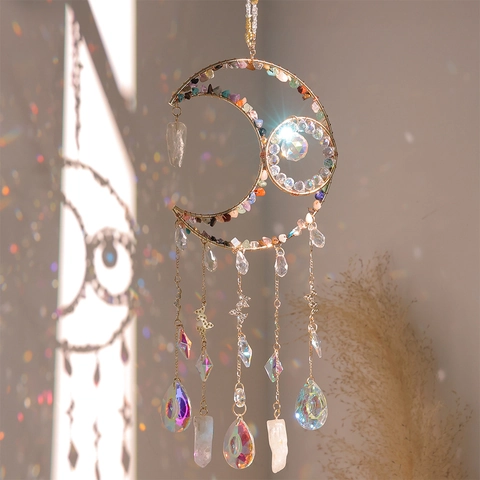 Moon Crystal Suncatcher Wind Chime With Colorful Natural Stones Metal Butterfly Prisms Hanging Garden Window Home Decor