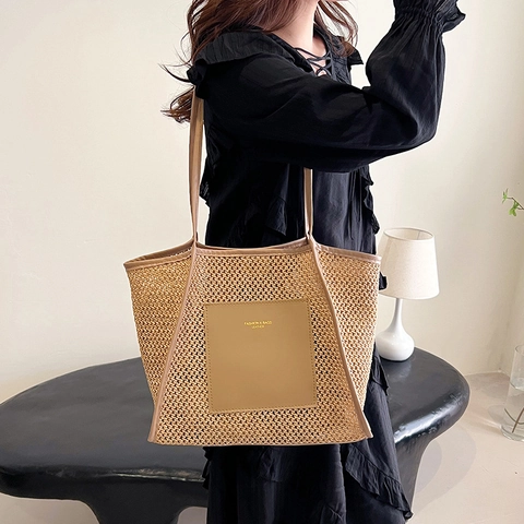 Borsa Tote In Paglia Intrecciata Da Donna Grande Capacità Borsa A Spalla Da Spiaggia Estiva Con Toppa In Pelle Moda Casual