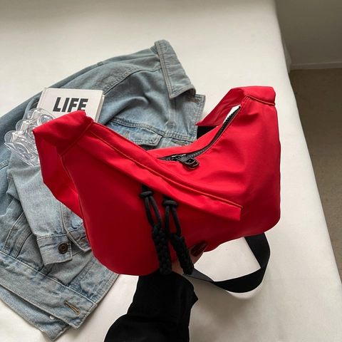 Nylon Half Moon Dumpling Bag Casual Crossbody Shoulder Handbag Braided Rope Zipper Pull Large Capacity Street Trend Women