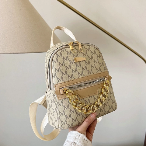 Women Fashion Mini Backpack Vintage PU Leather Monogram Bag With Gold Thick Chain Decoration Casual Small School Bag