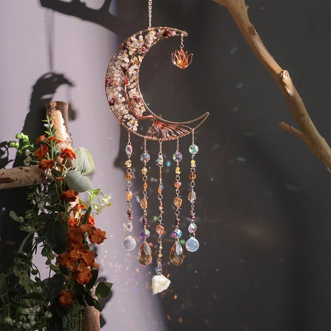Tree Of Life Moon Crystal Suncatcher Handmade Natural Stone Hanging Ornament For Window Garden Home Decor