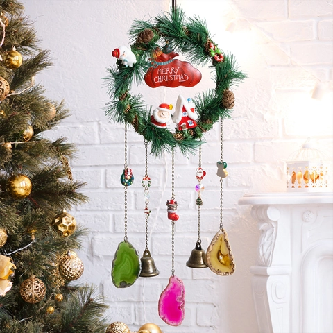 Kerstkrans Windgong Natuurlijke Agaat Schijfjes Dennennaald Hangend Ornament Metalen Bellen Hars Kerstman Sneeuwman Decor