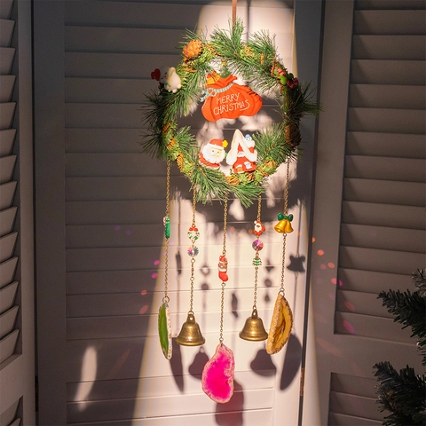 Kerstkrans Windgong Natuurlijke Agaat Schijfjes Dennennaald Hangend Ornament Metalen Bellen Hars Kerstman Sneeuwman Decor