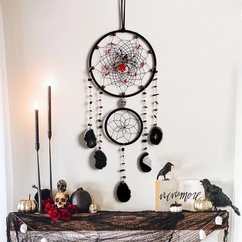 Acchiappasogni Gotico di Halloween a Forma di Ragnatela Decorazione da Parete Con Fette di Agata Teschio Per Casa Festa