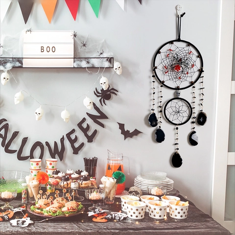 Acchiappasogni Gotico di Halloween a Forma di Ragnatela Decorazione da Parete Con Fette di Agata Teschio Per Casa Festa