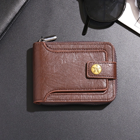 Vintage Men PU Leather Wallet Star Snap Zip Card Holder Small Short Multi Card Slot Coin Purse Business Retro Male Gift
