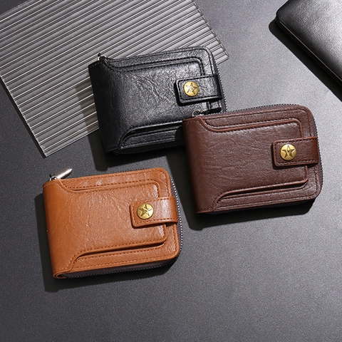 Vintage Men PU Leather Wallet Star Snap Zip Card Holder Small Short Multi Card Slot Coin Purse Business Retro Male Gift
