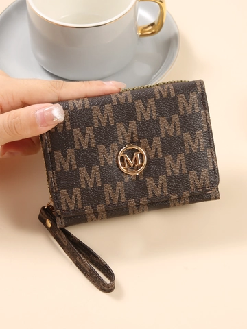 Damen Mode PU Leder Kurze Brieftasche M Buchstaben Monogramm Kartenhalter Mit Handschlaufe Reißverschluss Münzfach