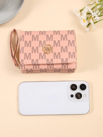 Damen Mode PU Leder Kurze Brieftasche M Buchstaben Monogramm Kartenhalter Mit Handschlaufe Reißverschluss Münzfach
