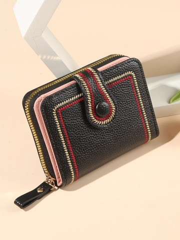 Women Short PU Leather Wallet Large Capacity Multi Card Slots Zipper Coin Purse Retro Lychee Pattern Trifold Wallet Snap Closure