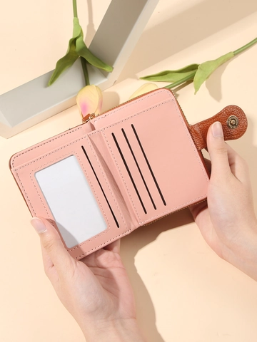 Women Short PU Leather Wallet Large Capacity Multi Card Slots Zipper Coin Purse Retro Lychee Pattern Trifold Wallet Snap Closure