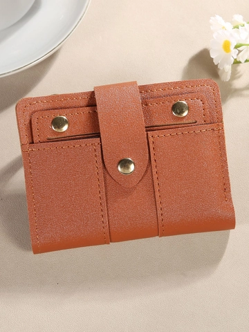 Women Mini Bi-fold Wallet PU Leather Litchi Pattern Short Coin Purse Card Slots Zipper Change Slot Gold Snap Lightweight Wallet