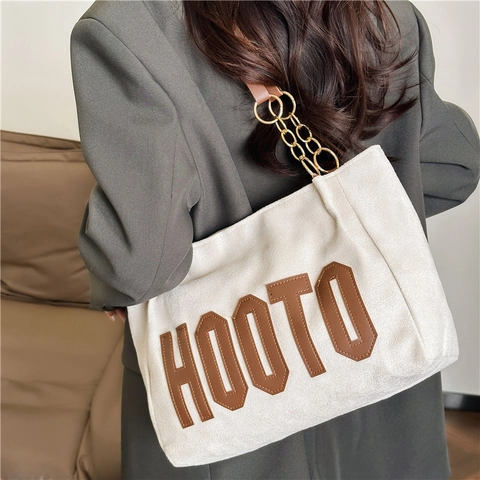 Borsa Tote in Tela Hooto con Lettera per Donna Grande Capacità Catena Retrò Borsa a Tracolla Casual Pendolare Borsa da Ufficio