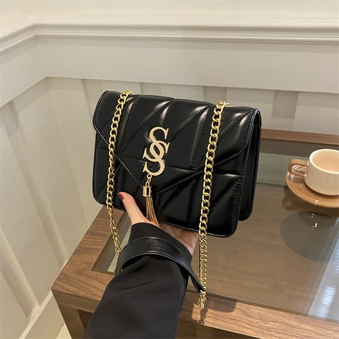 Women Quilted Shoulder Bag PU Leather Trendy Metal Chain Strap Tassel Crossbody Flap Square Chic