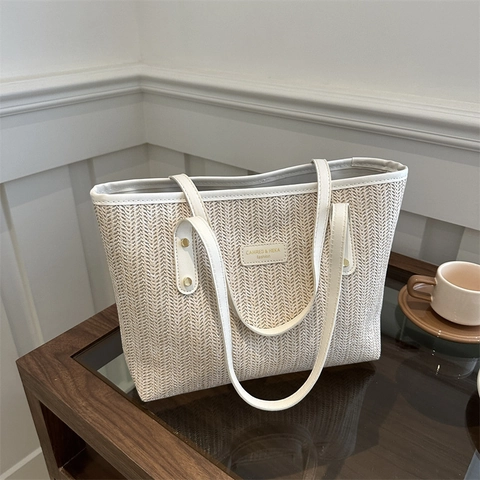 Borsa Tote Intrecciata Grande Capacità Paglia Finiture In Pelle A Contrasto Borsa A Spalla Casual Spiaggia Estate Donna