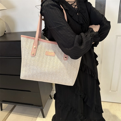 Borsa Tote Intrecciata Grande Capacità Paglia Finiture In Pelle A Contrasto Borsa A Spalla Casual Spiaggia Estate Donna