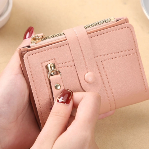 Women Short PVC Leather Wallet Lychee Texture Trifold Coin Purse With Zipper Pocket Card Slots Small Fashion Clutch Bag