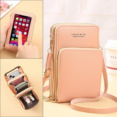 Women Crossbody Mobile Phone Bag PU Leather Multi Layer Touch Screen Purse Wallet Fashion Simple Adjustable Shoulder Strap