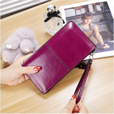 Portafoglio Lungo Donna Pelle PU Cera Grande Capacità Pochette Con Cinturino Da Polso Cerniera Colore Solido