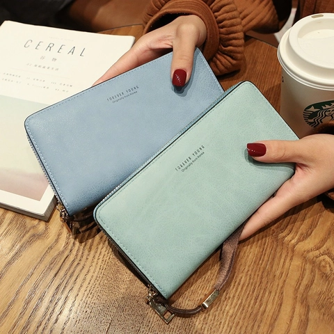 Portafoglio Lungo da Donna Con Cerniera Grande Capacità in Pelle PU Pochette Porta Cellulare Con Cinturino da Polso Stile Coreano Tinta Unita Stampa Lettere