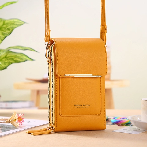 Women Crossbody Phone Bag PU Leather Touchscreen Window Double Zipper Elegant Solid Color Small Shoulder Purse