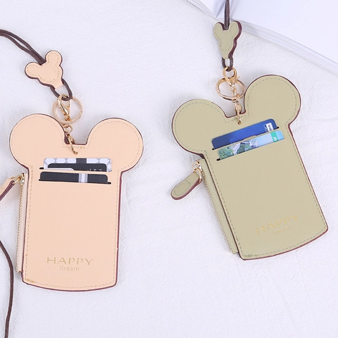 Cartoon Mouse Shaped Card Holder With Neck Lanyard PU Leather Portable Mini Coin Purse For Women Kids Travel ID Card Case