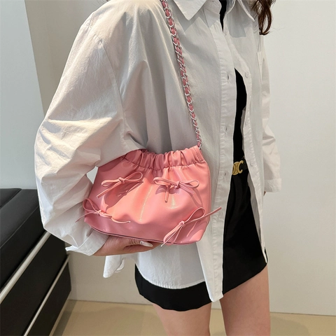Damen Trendy Schleifen Ribbon Eimer Tasche PU Leder Gefaltete Umhängetasche Koreanischer Stil Kette斜挎包 Kleine Handtasche