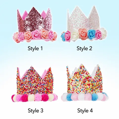 Kids Baby Birthday Party Sequin Crown Hat Glitter Celebration Hat With Foam Roses Pompoms For Birthday Photography Headwear