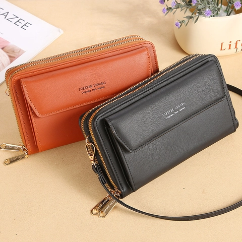 Women Double Zipper Crossbody Bag PU Leather Lychee Grain Large Capacity Phone Wallet Purse With Adjustable Strap Minimalist Casual Shoulder Bag