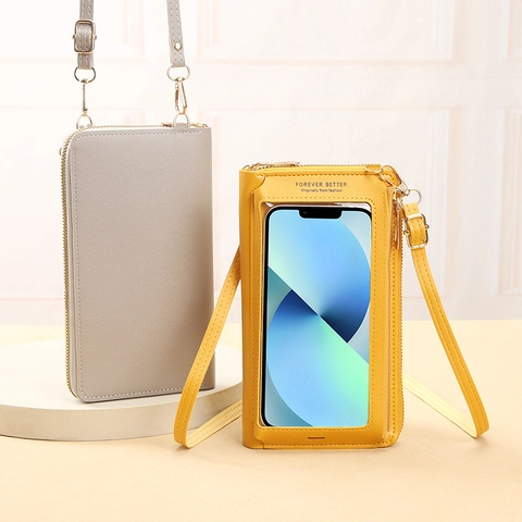 Crossbody Handytasche Damen PU Leder Transparentes Touchscreen Fenster Multifunktionale Reißverschluss Geldbörse Mode