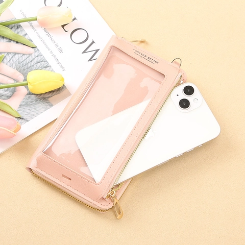 Pochette de Téléphone en Similicuir PU pour Femmes Avec Fenêtre Tactile Carré Vertical Sac à Bandoulière Mini Sac à Main Portefeuille Zippé
